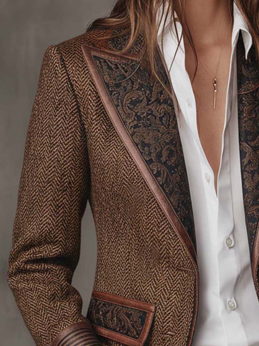 Women's Peak Lapel Long Sleeve Herringbone Blazer