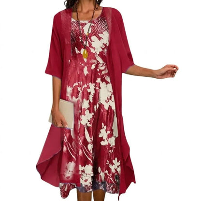 Printed Boat Neck Layered Drape Midi Set