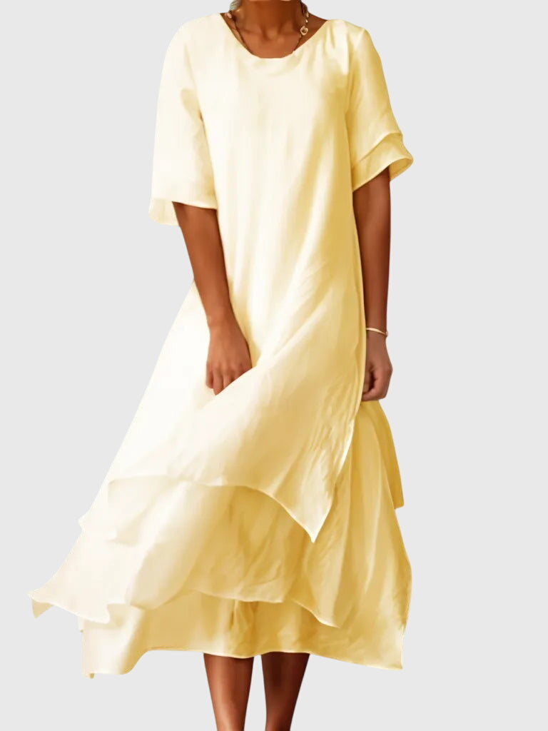 Layered Asymmetric Scoop Neck Short Sleeve Midi Dress