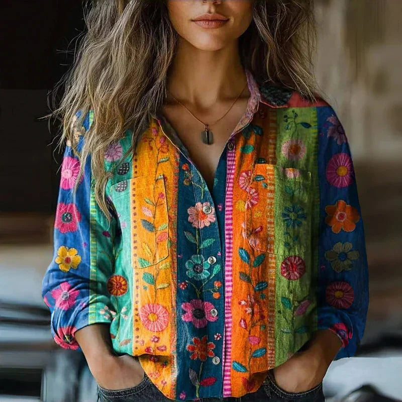 Long Sleeved Collared Patterned Buttoned Blouse