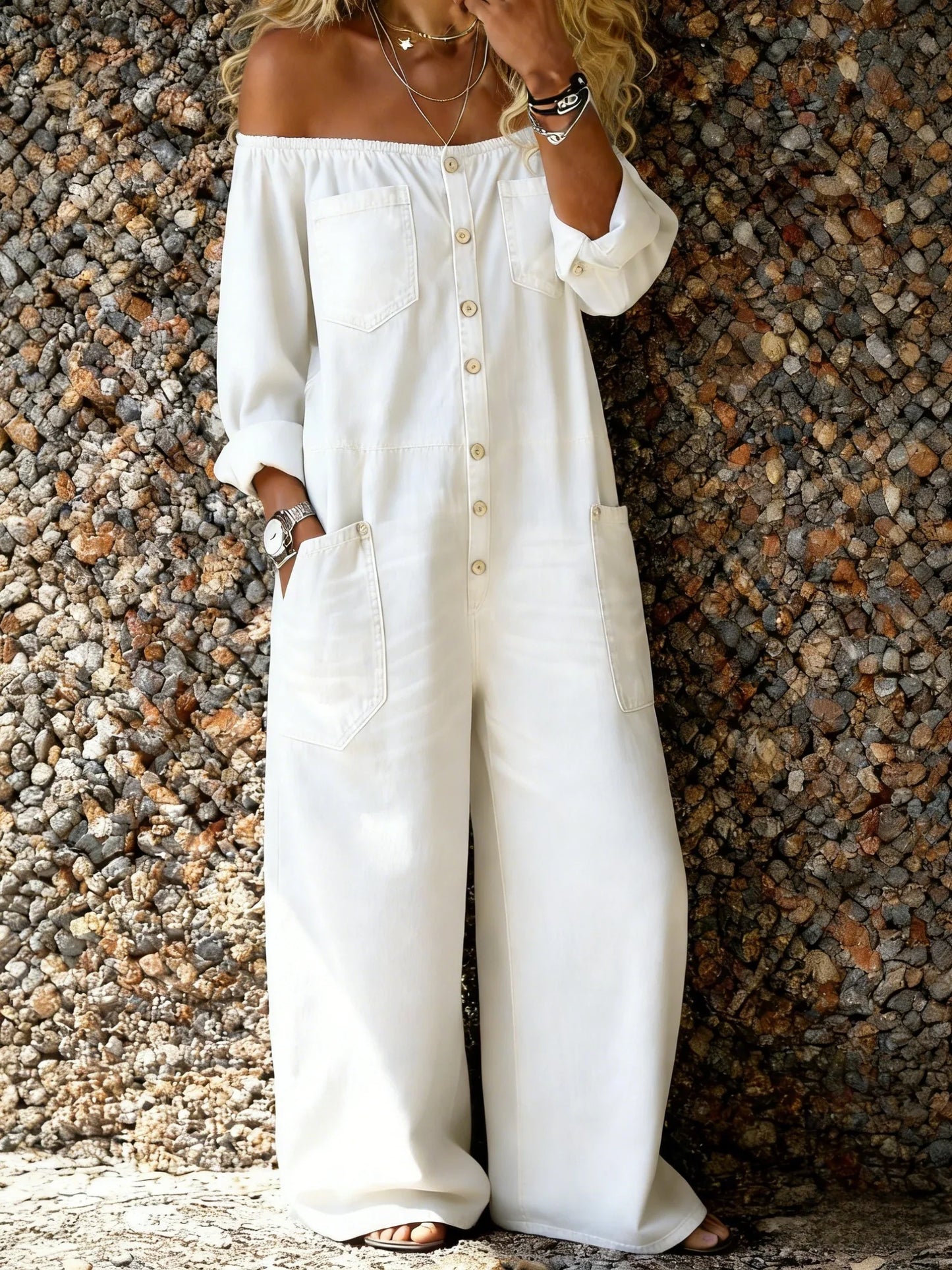 Off Shoulder Button Front Multi Pocket Jumpsuit
