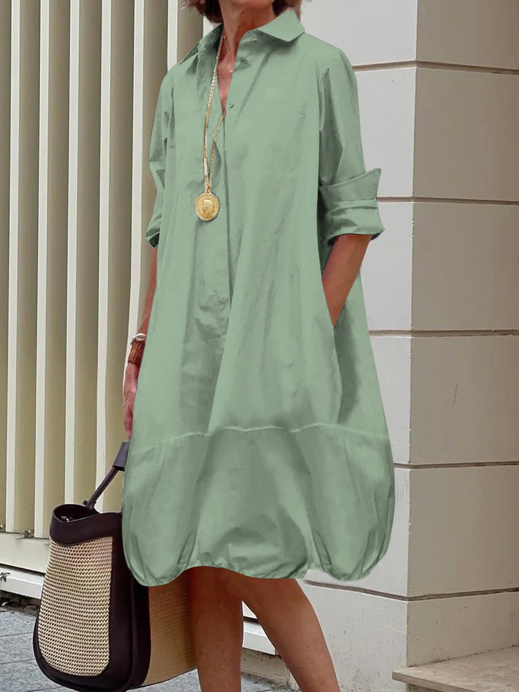 Lapel Collar Button Up Bubble Hem Shirt Dress
