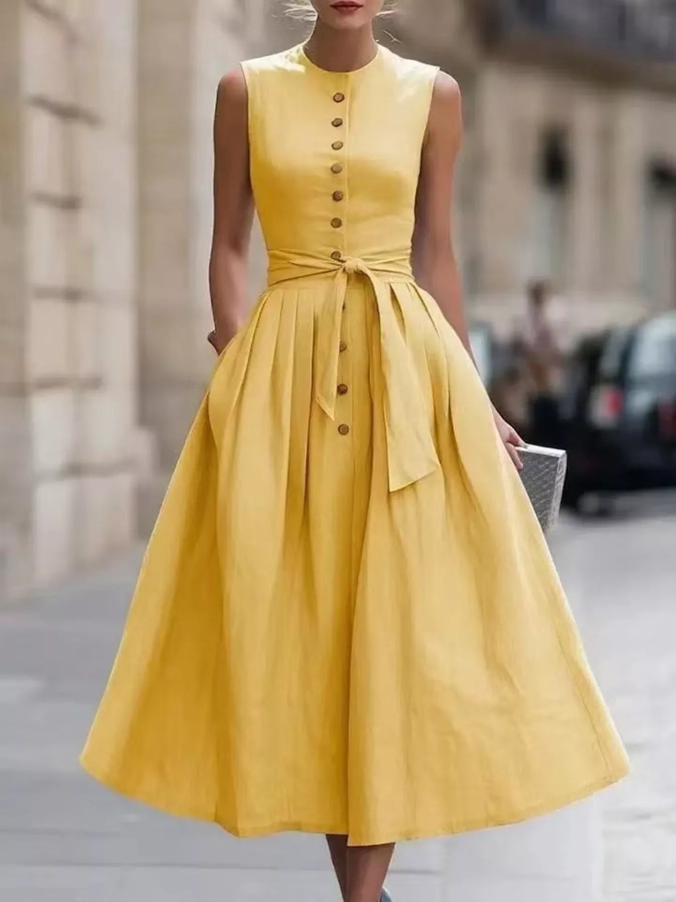 Round Neck Sleeveless Button-Front Belted Midi Dress