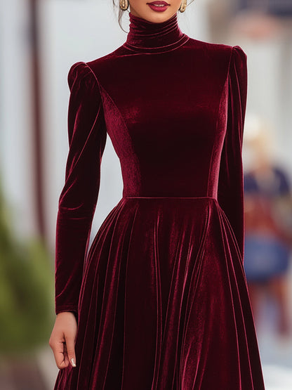 High Waist Pleated Mock Neck Longline Dress