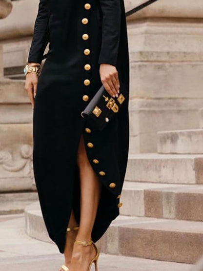 Buttoned Mock Neck Long Sleeve Slit Dress