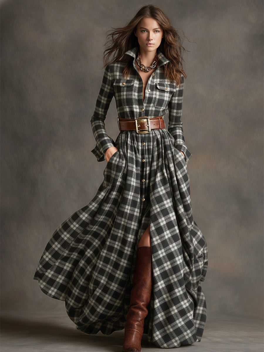 Collared Long Sleeved Plaid Pocketed Maxi Dress