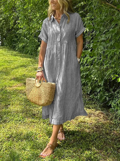Striped Collared Buttoned Short Sleeved Dress