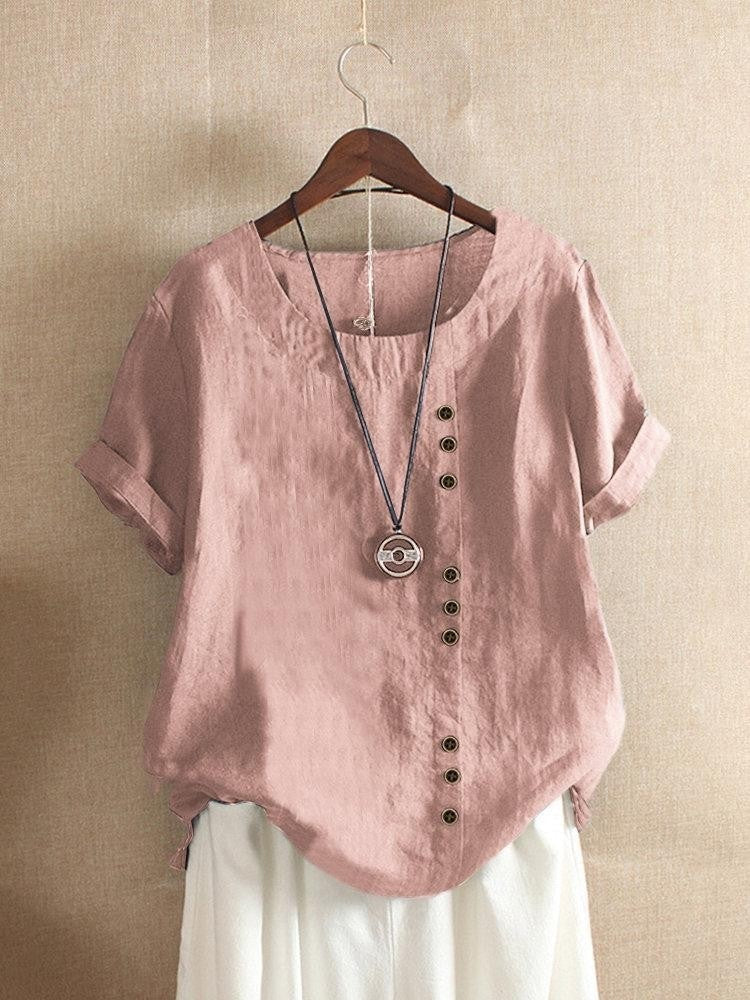 Rolled Placketed Rounded Loose Dropped Textured Blouse