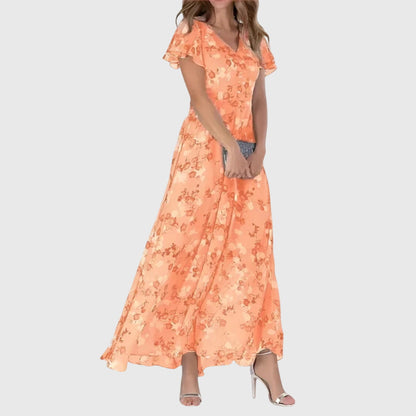 Flutter Sleeve V Neck Floral Print High Waist Dress Maxi