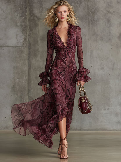 Plunging Ruffled Fitted Flared Tiered Maxi Dress