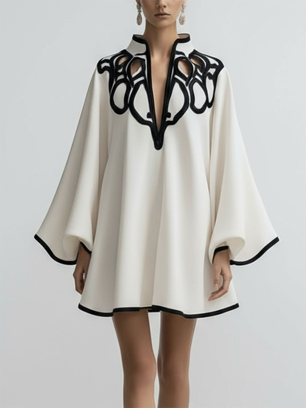 Contrast Trim Cutout Neck Flare Sleeve Mini Dress