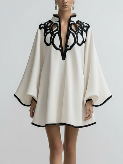 Contrast Trim Cutout Neck Flare Sleeve Mini Dress