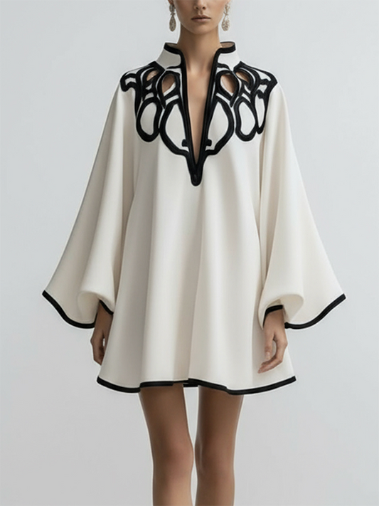 Contrast Trim Cutout Neck Flare Sleeve Mini Dress