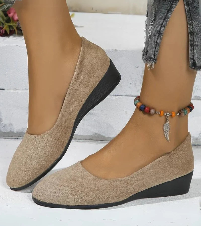 Round Toe Slip On Low Wedge Shoes