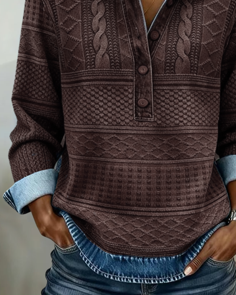 Women's Shirt Collar Long Sleeve Textured Button-Up Sweatshirt