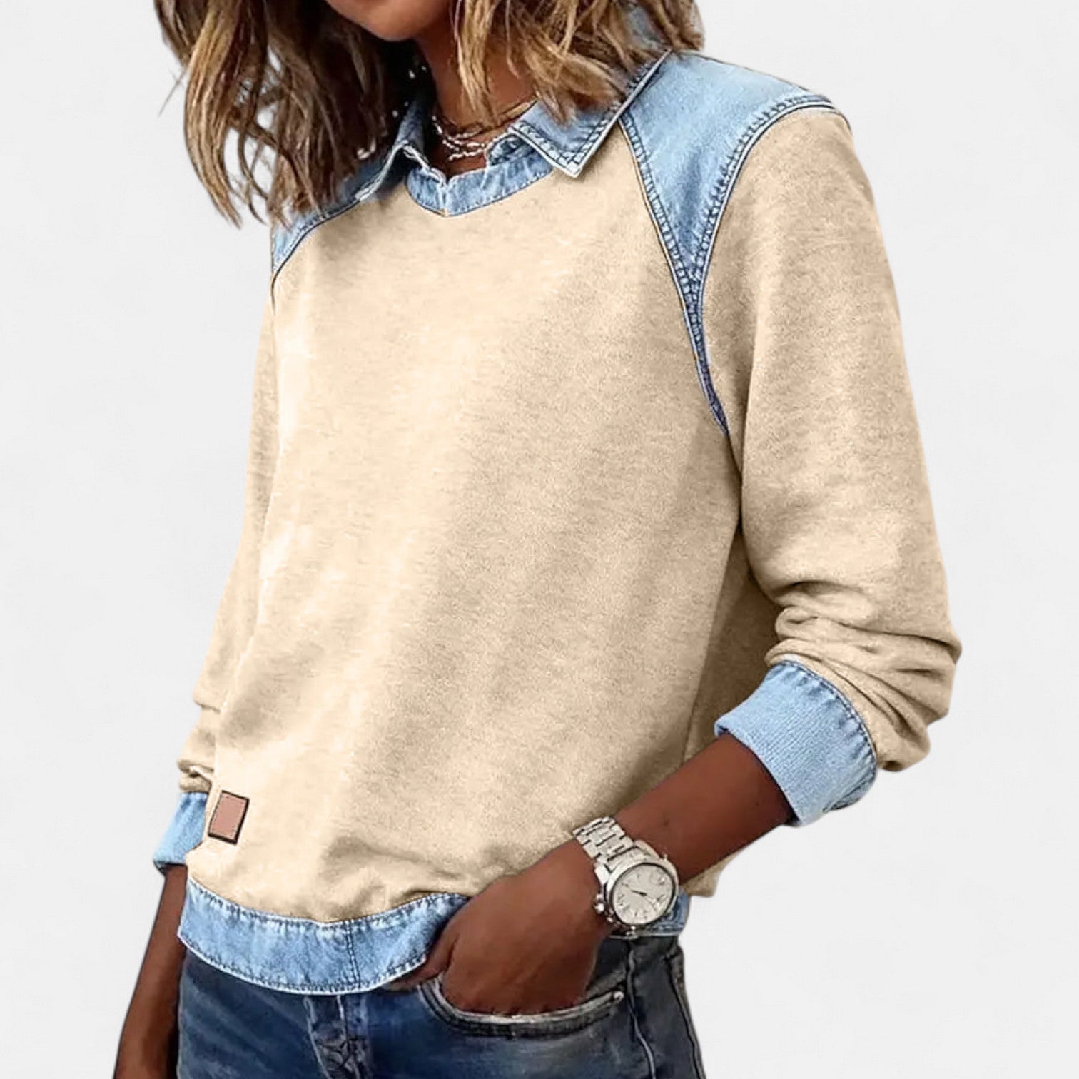 Women's Point Collar Long Sleeve Colorblock Sweatshirt