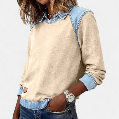 Women's Point Collar Long Sleeve Colorblock Sweatshirt