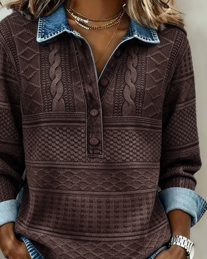 Women's Shirt Collar Long Sleeve Textured Button-Up Sweatshirt