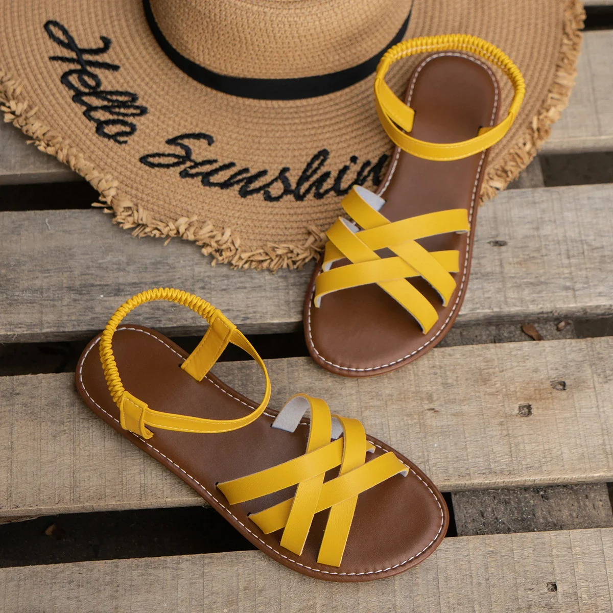 Open Round Flat Strappy Crossed Stitched Sandals