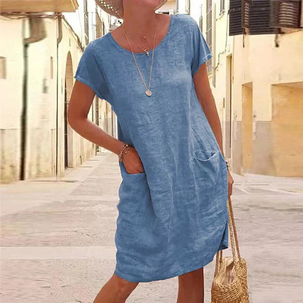 Round Sleeved Pocketed Loose Straight Unlined Dress