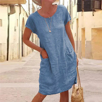 Round Sleeved Pocketed Loose Straight Unlined Dress