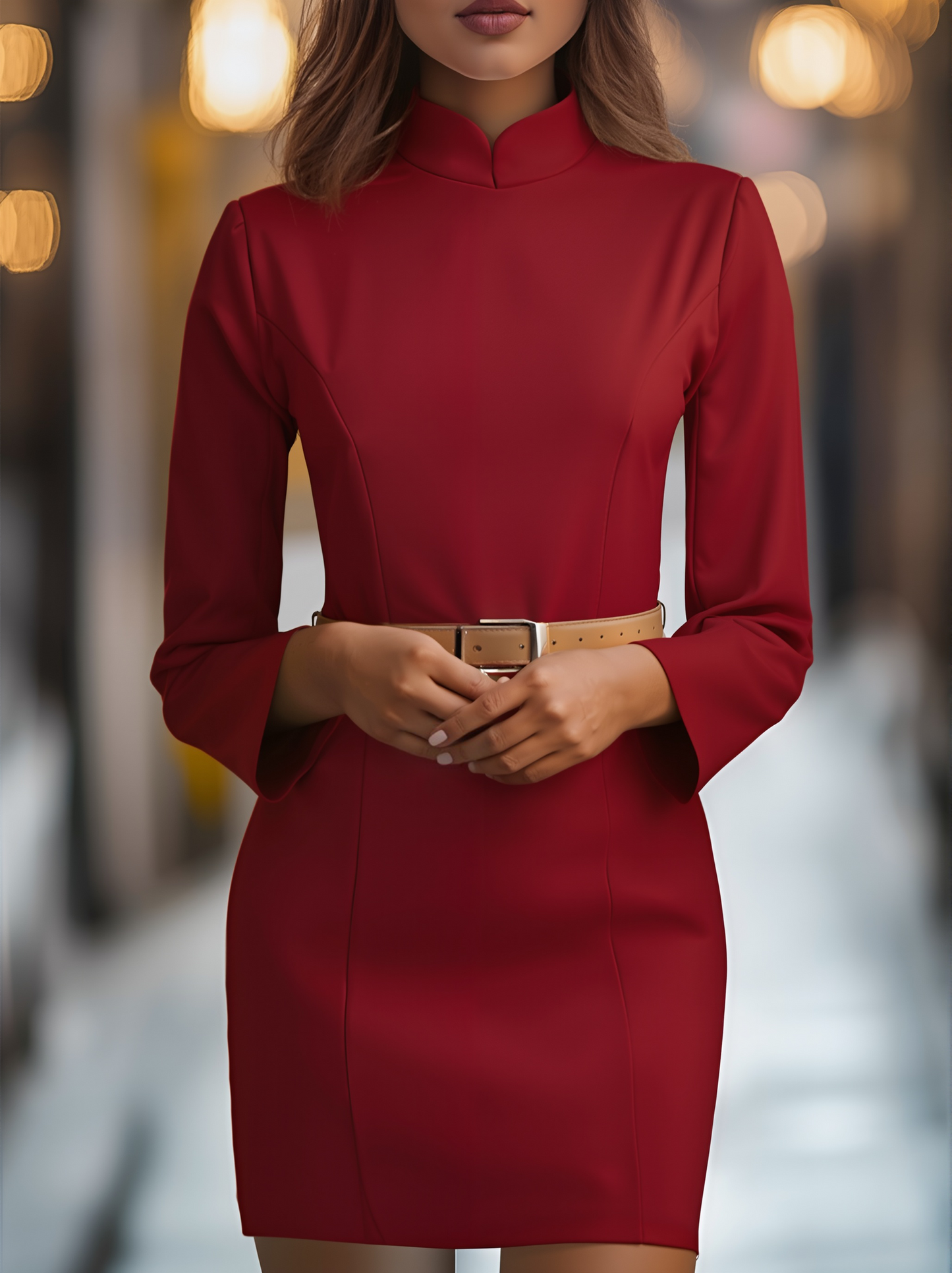 Mock Neck V Cut Fitted Dress
