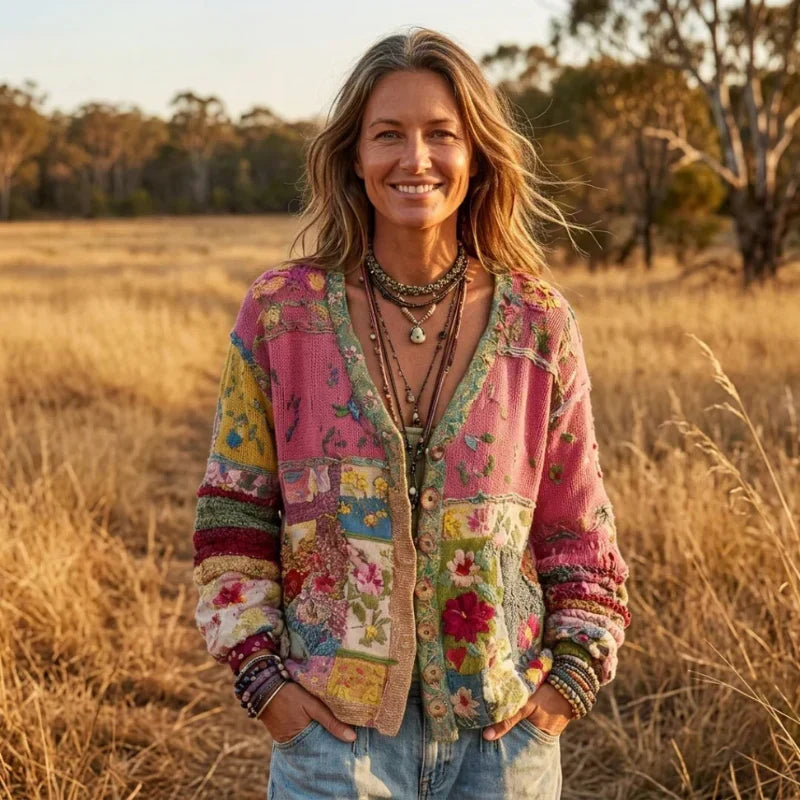 Women's V-Neck Long Sleeve Floral Cropped Cardigan with Pockets
