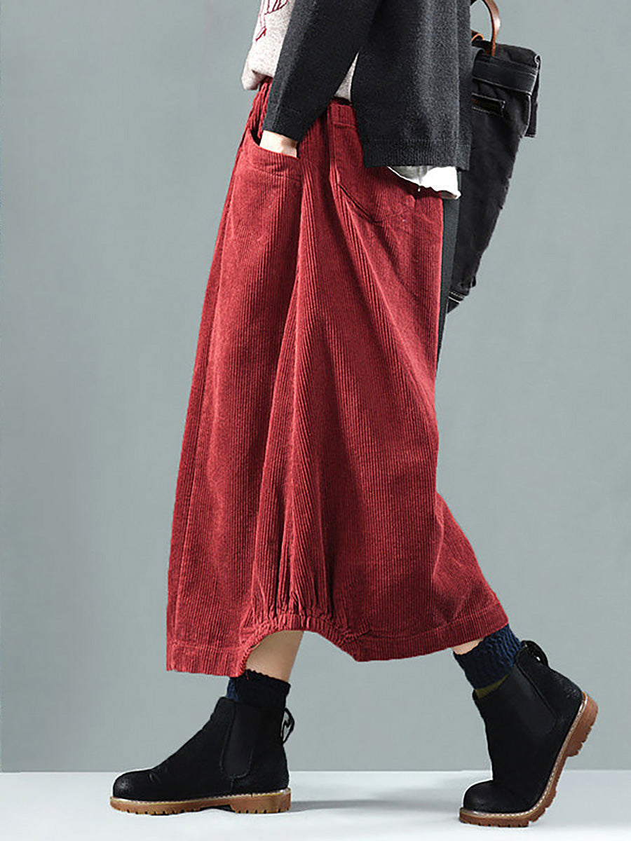 Long Wide Loose Pleated Buttoned Pocketed Skirt