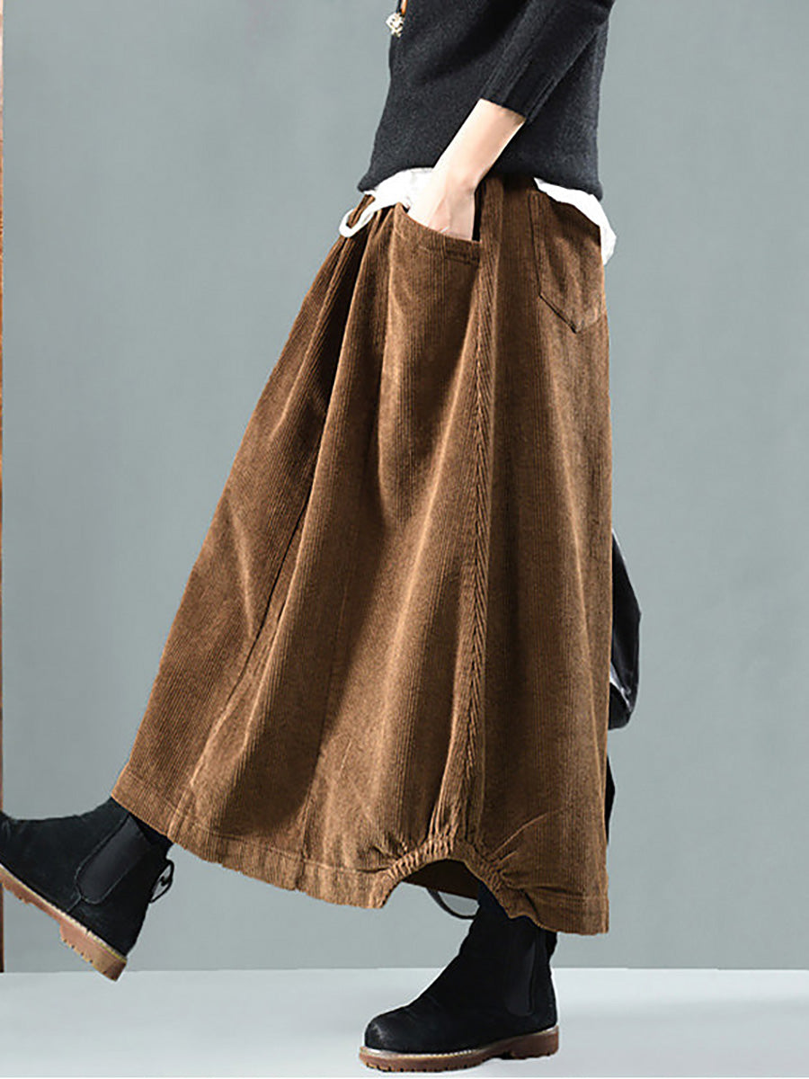 Long Wide Loose Pleated Buttoned Pocketed Skirt