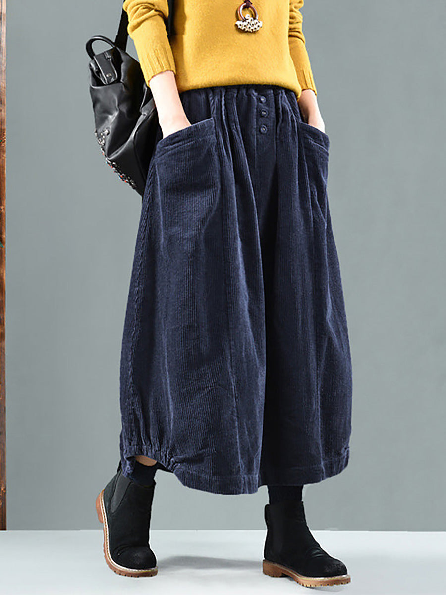 Long Wide Loose Pleated Buttoned Pocketed Skirt