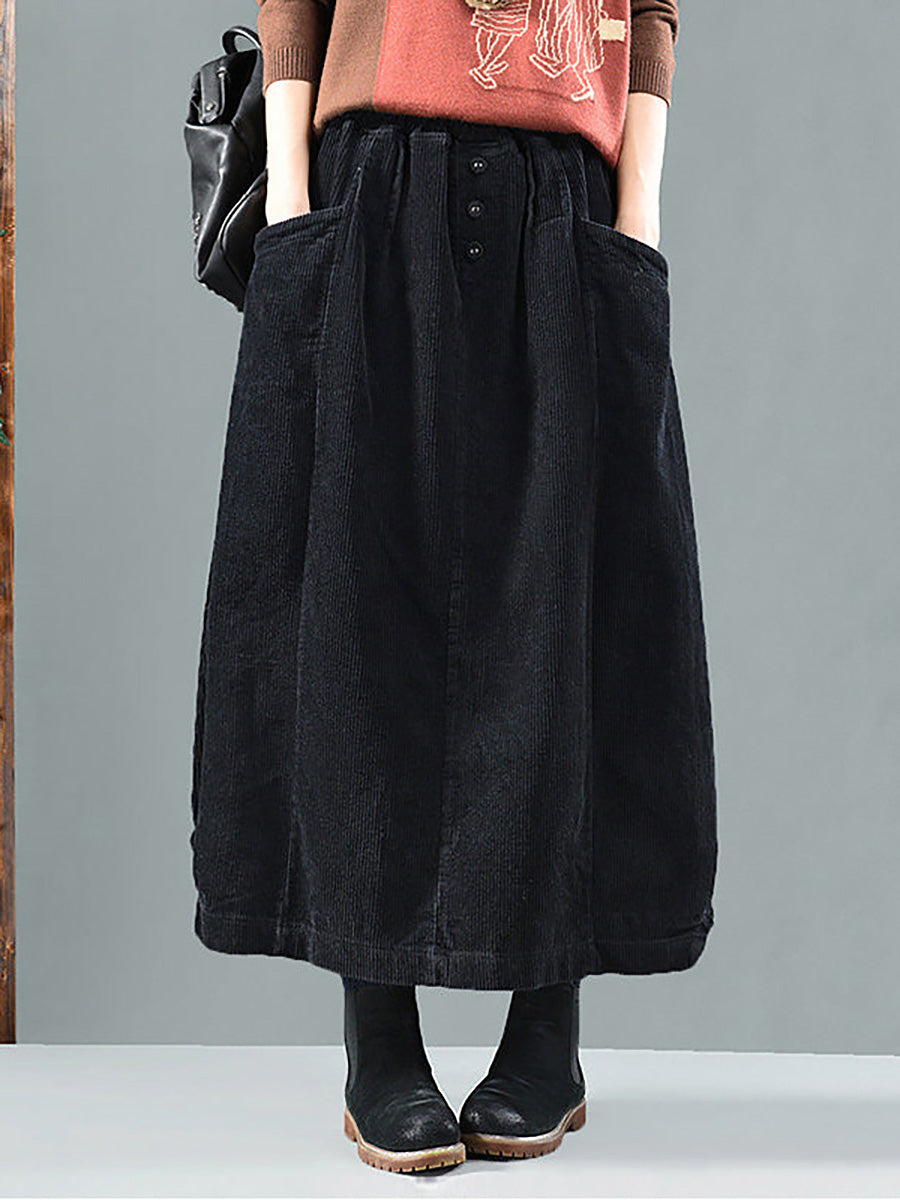 Long Wide Loose Pleated Buttoned Pocketed Skirt