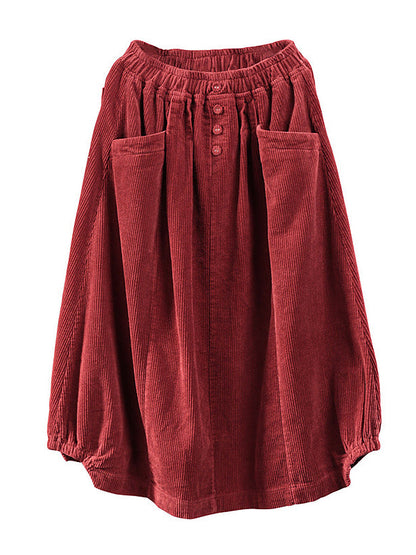 Long Wide Loose Pleated Buttoned Pocketed Skirt