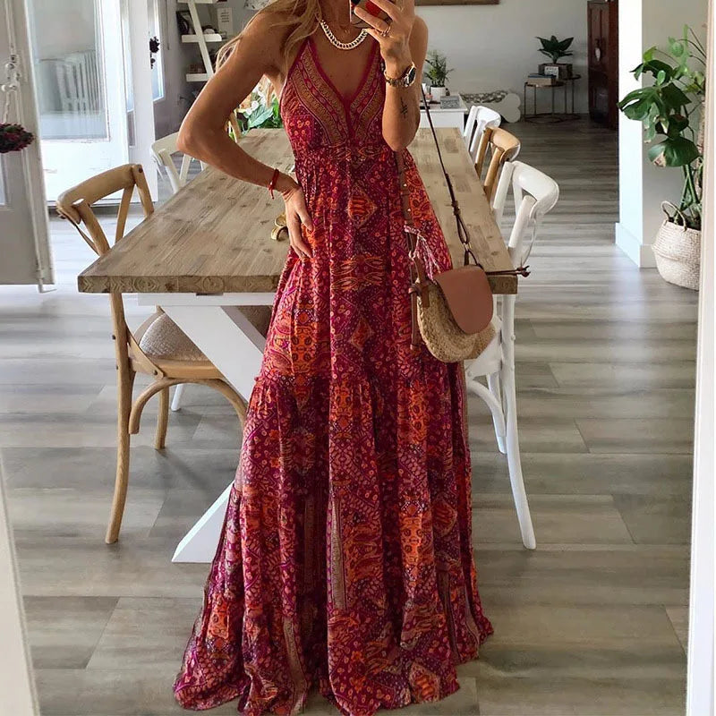 Patterned Halter V Neck Tiered Maxi Dress