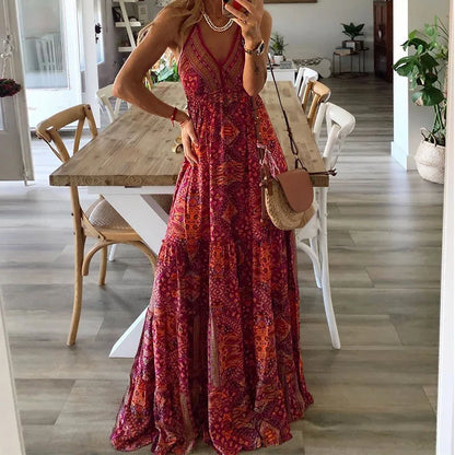 Patterned Halter V Neck Tiered Maxi Dress