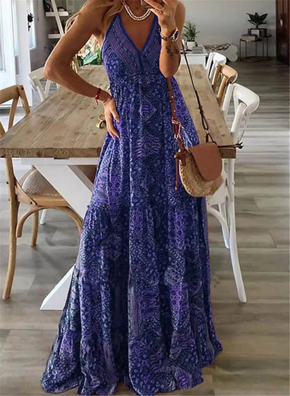 Patterned Halter V Neck Tiered Maxi Dress