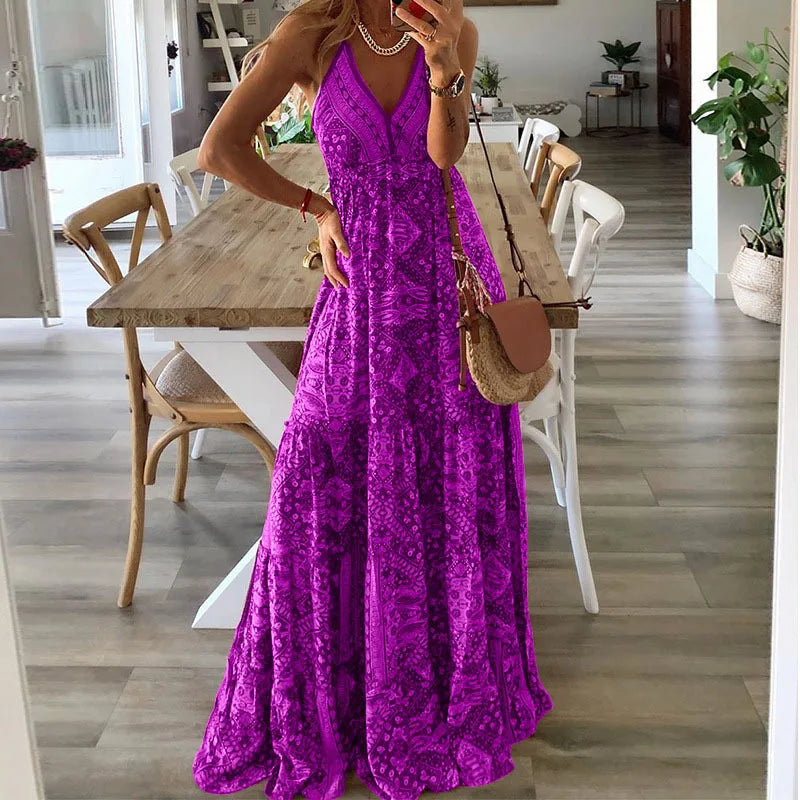 Patterned Halter V Neck Tiered Maxi Dress