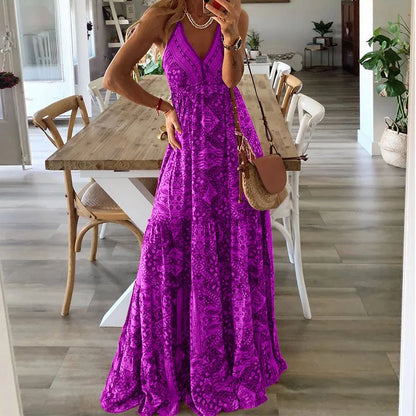 Patterned Halter V Neck Tiered Maxi Dress