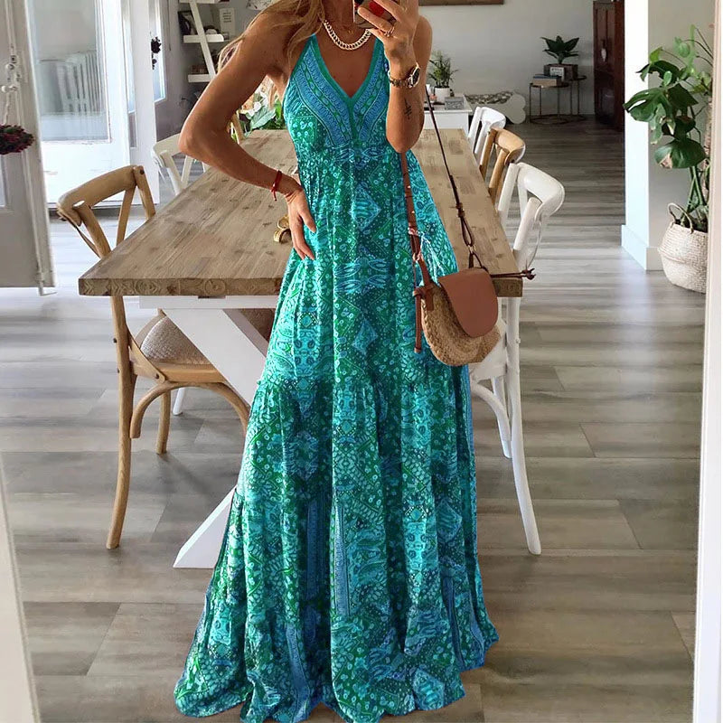 Patterned Halter V Neck Tiered Maxi Dress