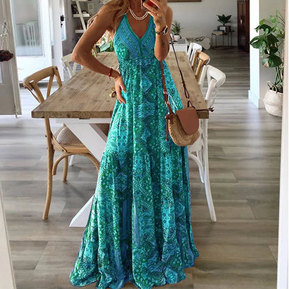 Patterned Halter V Neck Tiered Maxi Dress