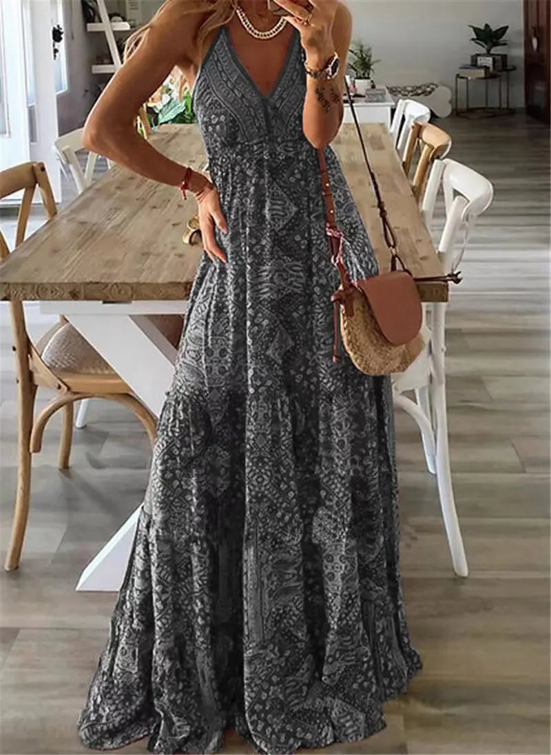 Patterned Halter V Neck Tiered Maxi Dress