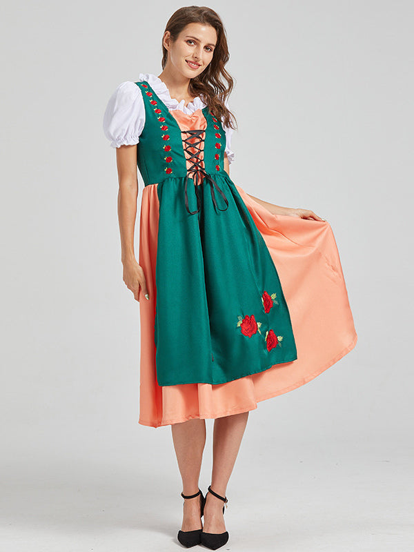 Women's Lace-Up Puff Sleeve Floral Embroidered Midi Dirndl Dress