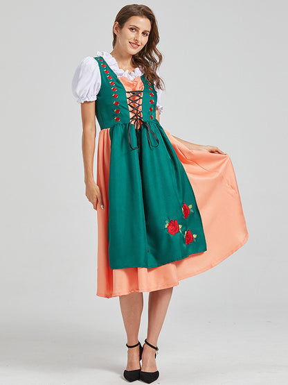 Women's Lace-Up Puff Sleeve Floral Embroidered Midi Dirndl Dress