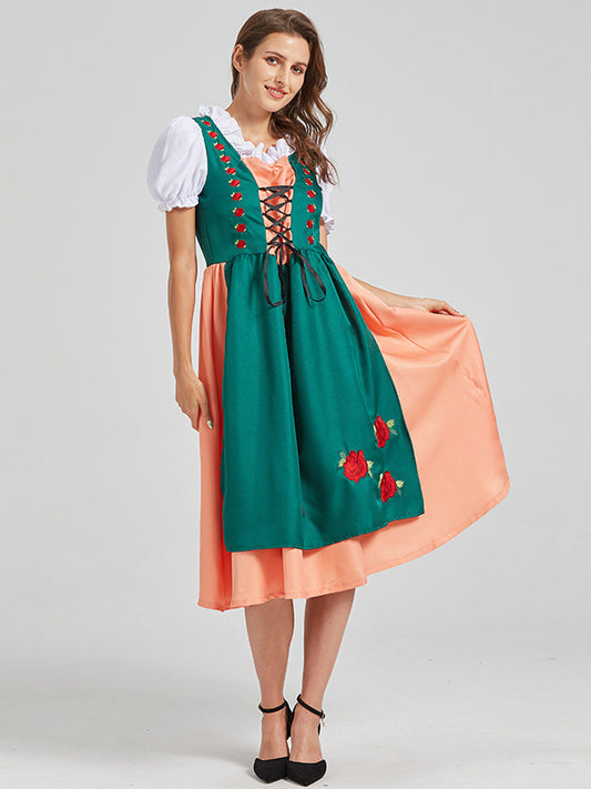 Women's Lace-Up Puff Sleeve Floral Embroidered Midi Dirndl Dress