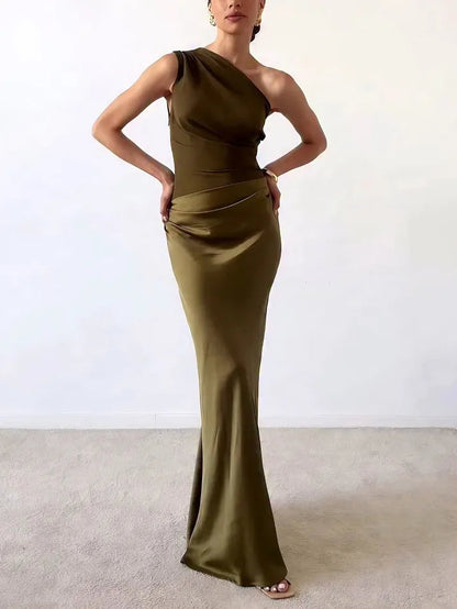 Sleeveless Draped Asymmetric Pleated Maxi Dress