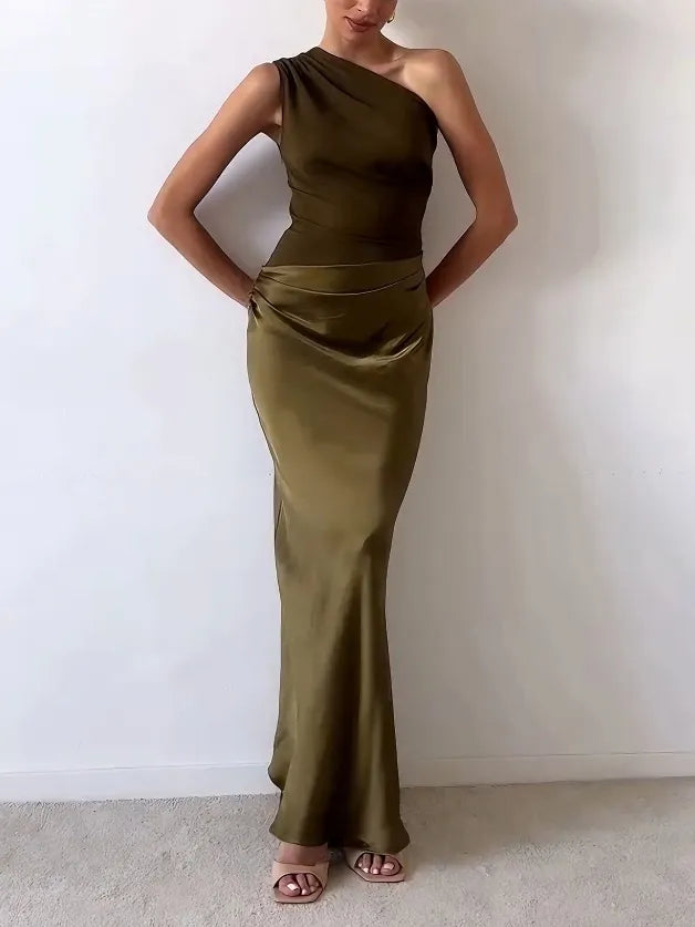 Sleeveless Draped Asymmetric Pleated Maxi Dress