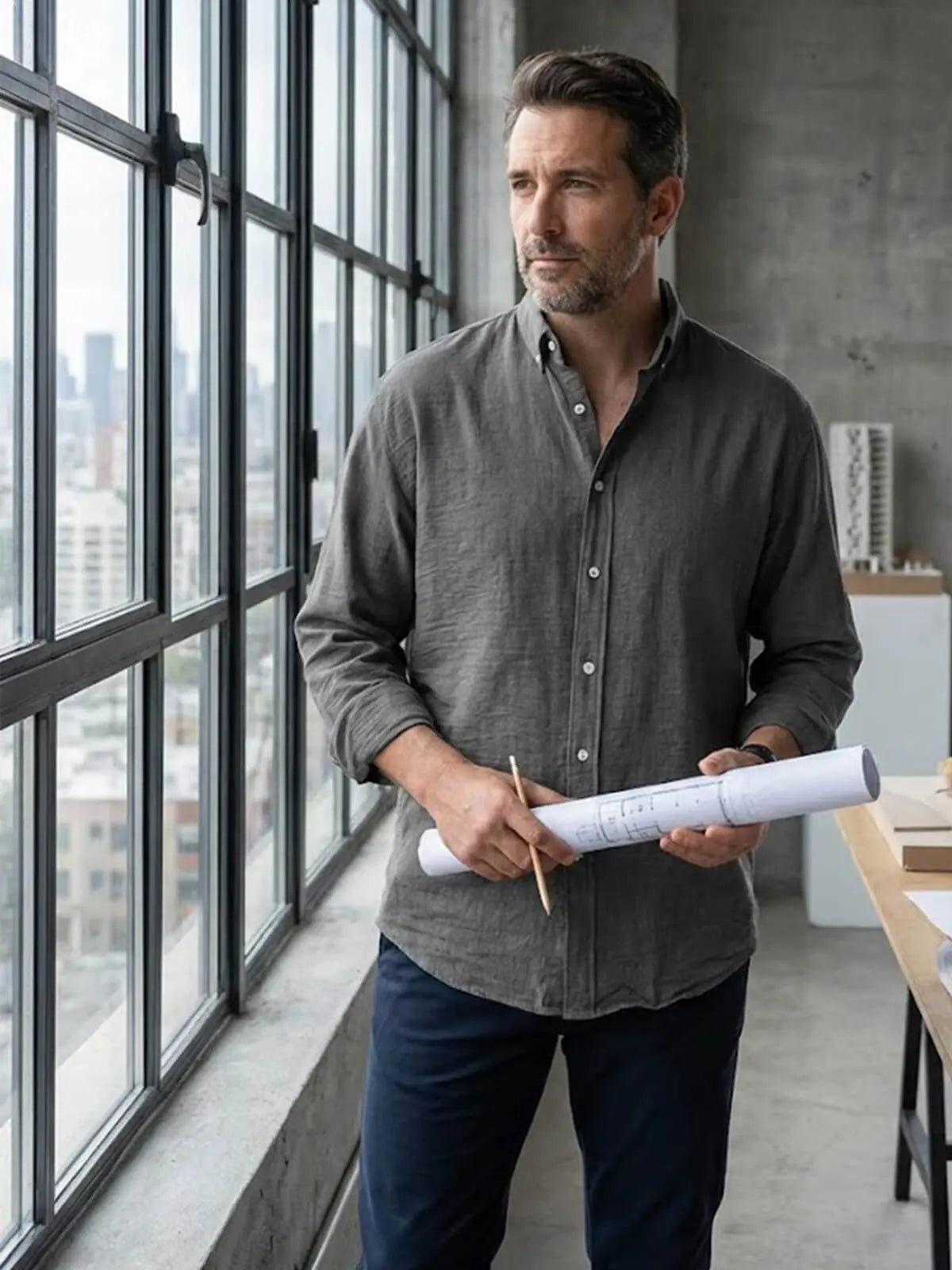 Collared Buttoned Cuffed Textured Curved Plain Shirt