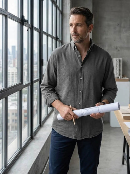 Collared Buttoned Cuffed Textured Curved Plain Shirt