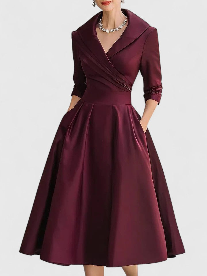 Folded Wrapped Banded Pleated Flared Midi Dress