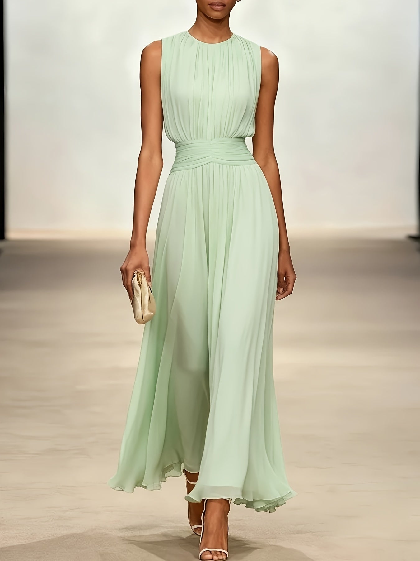 Sleeveless Ruched Waist Pleated Maxi Dress