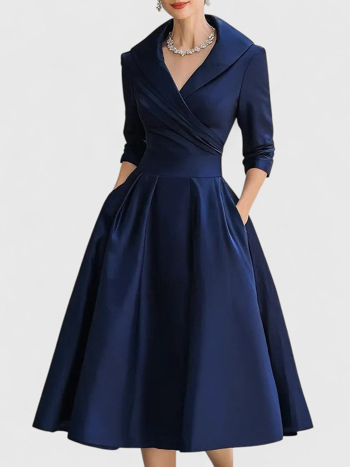 Folded Wrapped Banded Pleated Flared Midi Dress